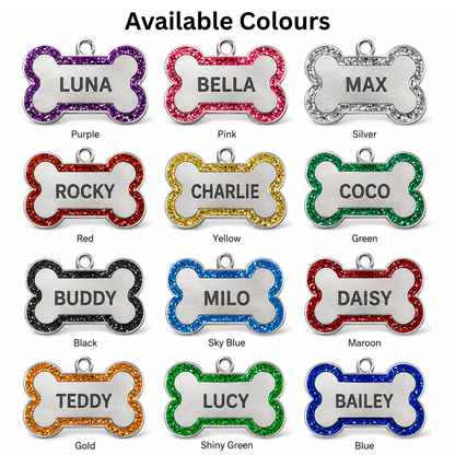 Personalized Glitter Bone Pet ID Tag, Stainless Steel Custom Engraved Dog Cat Name Tag