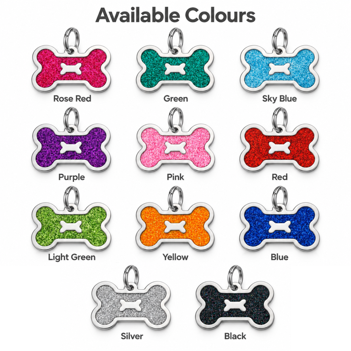 Personalized Glitter Bone Pet ID Tag, Custom Engraved Stainless Steel Dog Cat Name Tag