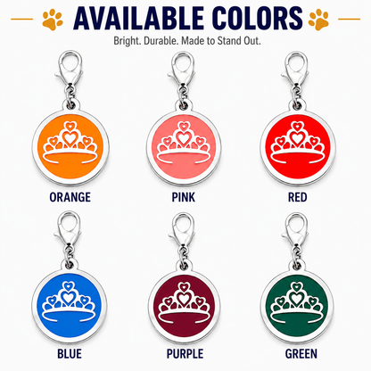 Personalized Enamel Queen's Crown Round Pet ID Tag, Custom Dog and Cat Name Tag with Phone Number