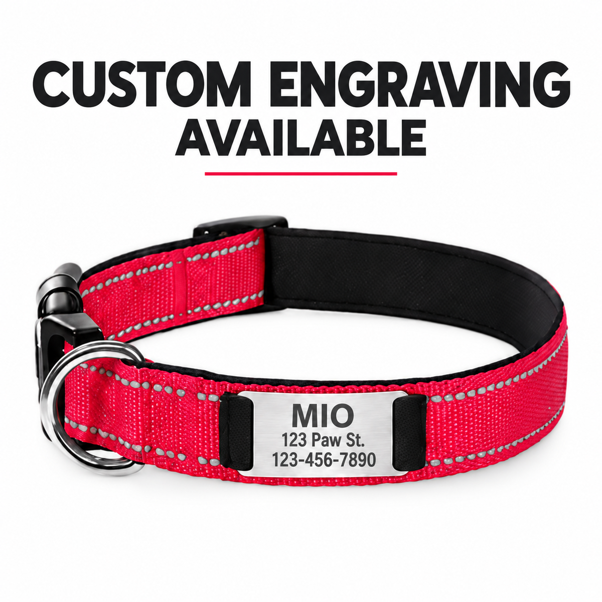 Personalized Reflective Dog Collar with Stainless Steel Nameplate – Custom Engraved Pet ID Collar
