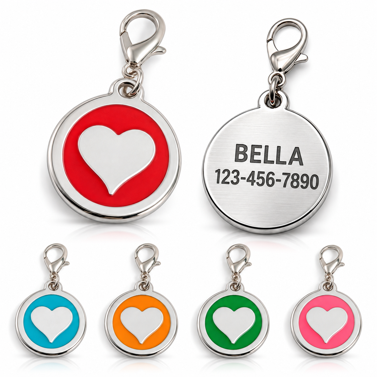 Personalized Enamel Heart Round Pet ID Tag, Custom Dog and Cat Name Tag with Phone Number