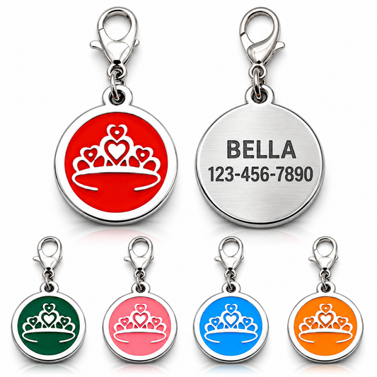 Personalized Enamel Queen's Crown Round Pet ID Tag, Custom Dog and Cat Name Tag with Phone Number