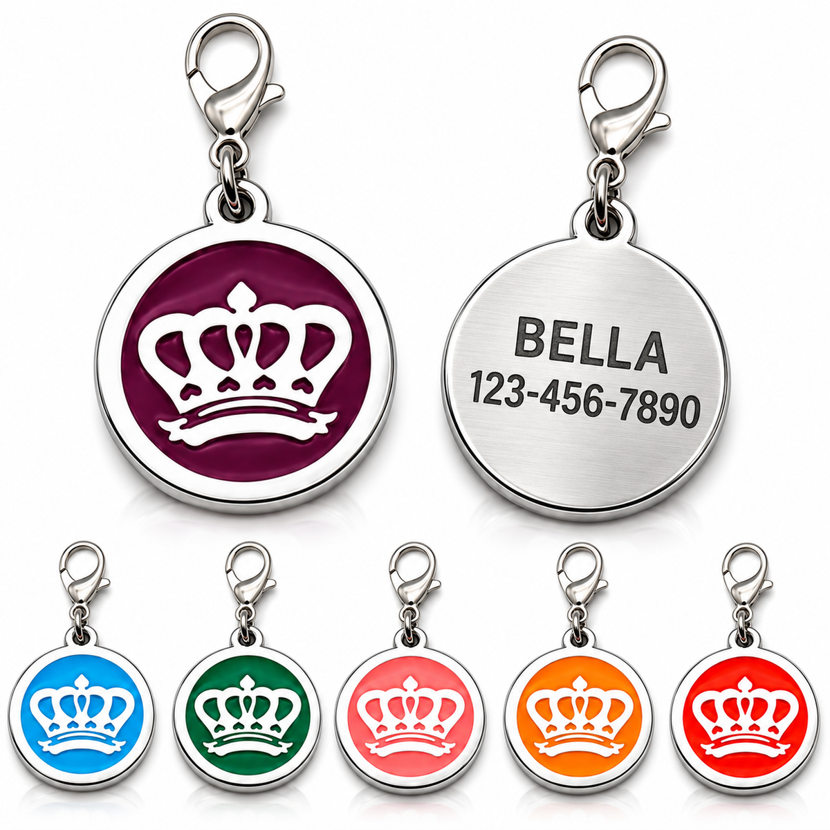 Personalized Enamel King's Crown Round Pet ID Tag, Custom Dog and Cat Name Tag with Phone Number