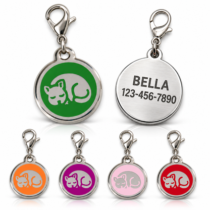 Personalized Enamel Cat Pet ID Tag – Custom Engraved Round Stainless Steel Tag