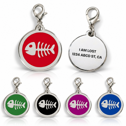 Personalized Enamel Fishbone Round Pet ID Tag, Custom Dog and Cat Name Tag with Phone Number