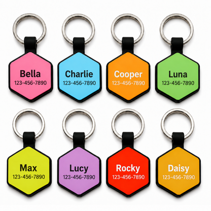 Personalized Silicone Hexagon Pet ID Tag – Custom Dog & Cat Name Tag with Phone Number