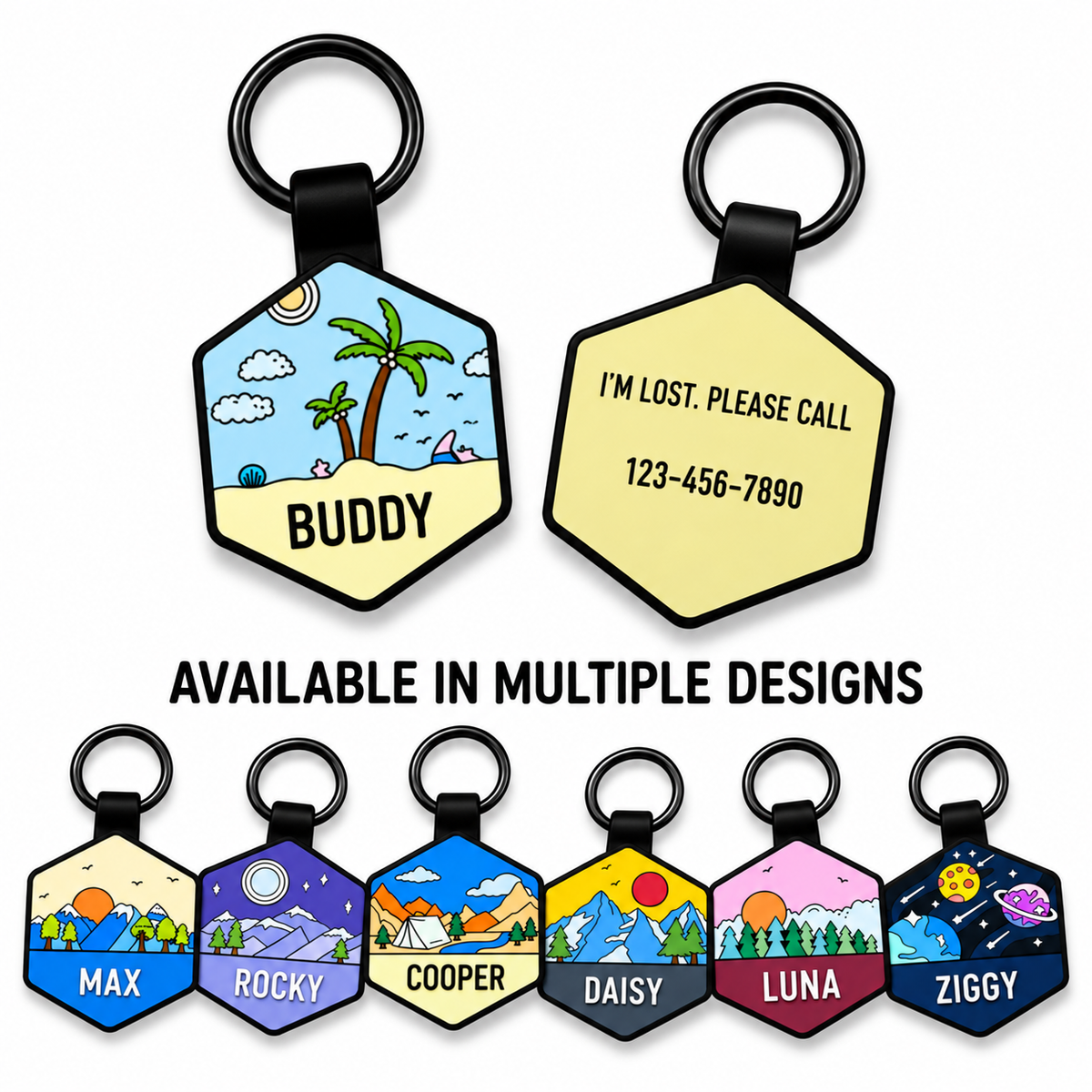 Personalized Scenic Silicone Hexagon Pet ID Tag – Custom Dog & Cat Name Tag