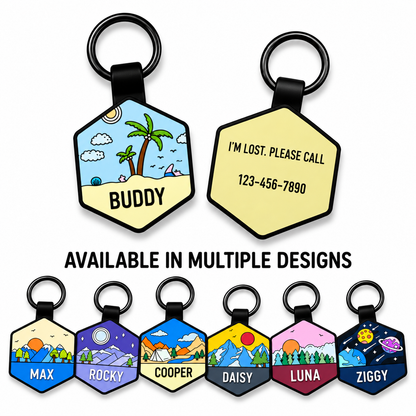 Personalized Scenic Silicone Hexagon Pet ID Tag – Custom Dog & Cat Name Tag
