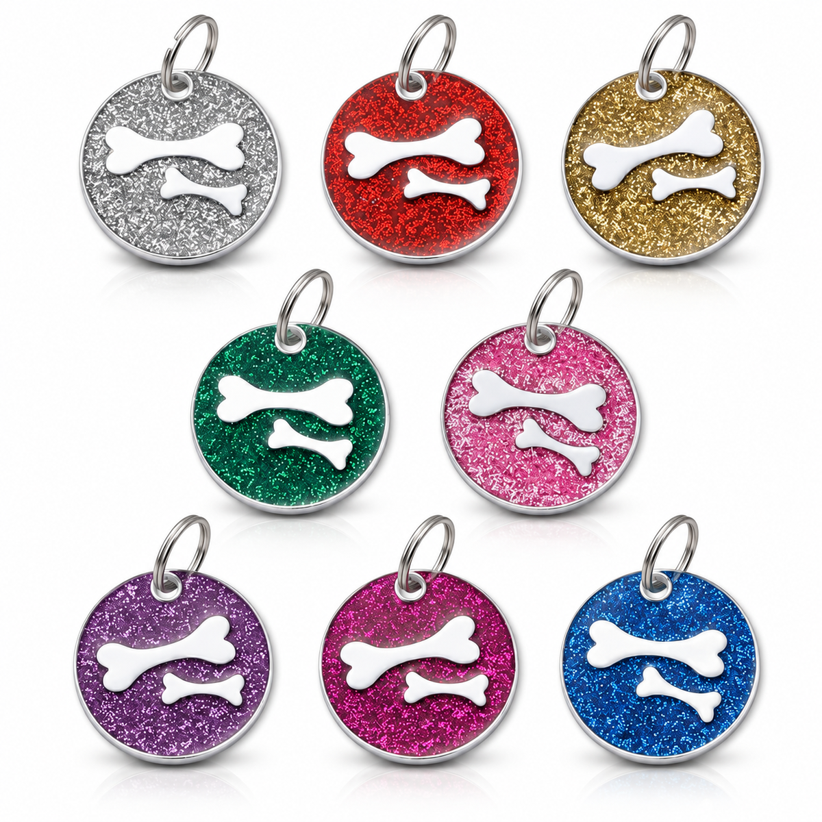 Personalized Glitter Round Pet ID Tag, Custom Engraved Dog and Cat Name Tag with Phone Number, Double Bone Design