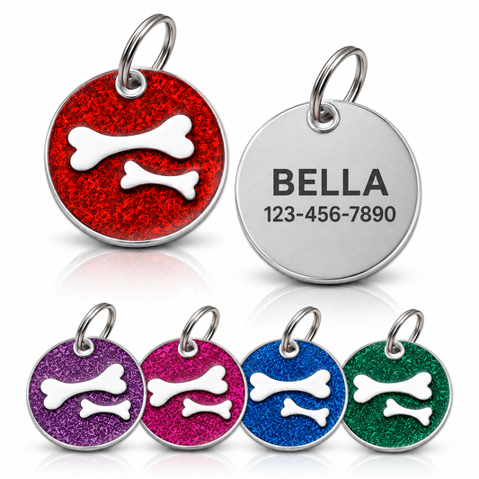 Personalized Glitter Round Pet ID Tag, Custom Engraved Dog and Cat Name Tag with Phone Number, Double Bone Design