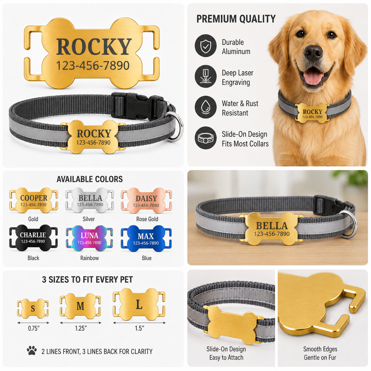 Personalized Slide-On Bone Pet ID Tag – Stainless Steel Custom Engraved Dog & Cat Collar Name Plate