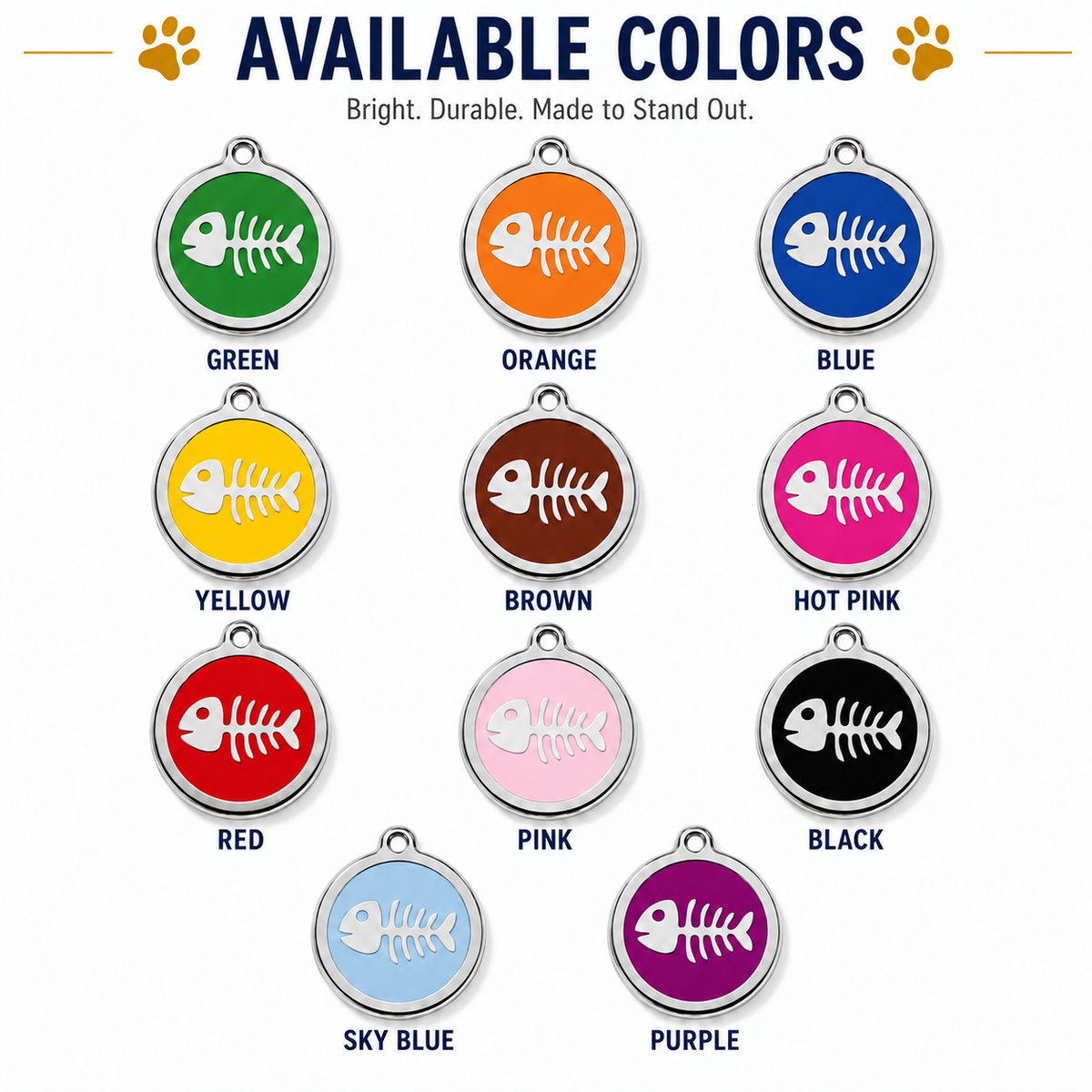 Personalized Enamel Fishbone Round Pet ID Tag, Custom Dog and Cat Name Tag with Phone Number