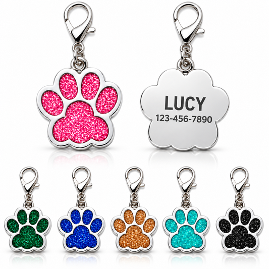Personalized Glitter Paw Pet ID Tag with Lobster Clasp, Custom Engraved Stainless Steel Dog and Cat Collar Tag