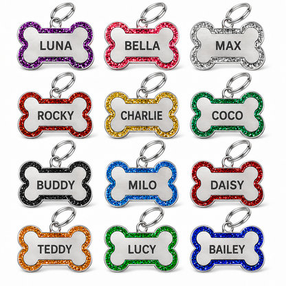 Personalized Glitter Bone Pet ID Tag, Stainless Steel Custom Engraved Dog Cat Name Tag