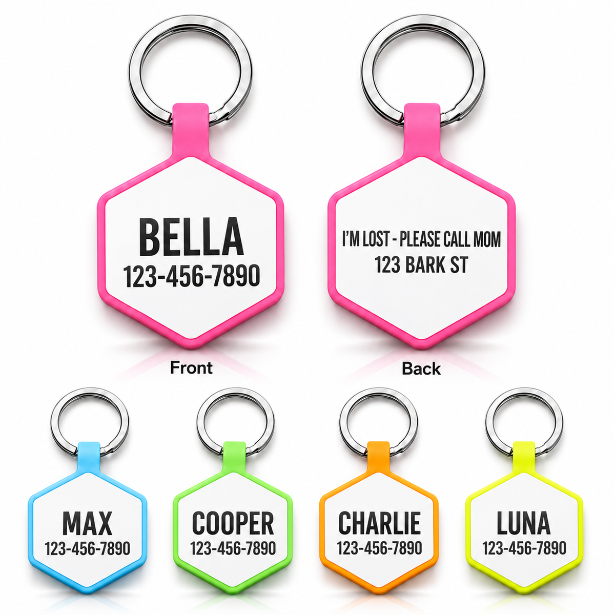 Personalized Glow-in-the-Dark Silicone Hexagon Pet ID Tag – Custom Dog & Cat Name Tag