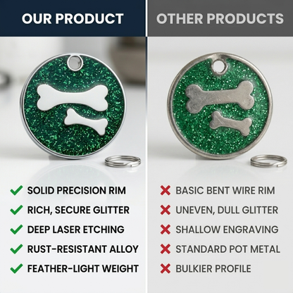 Personalized Glitter Round Pet ID Tag, Custom Engraved Dog and Cat Name Tag with Phone Number, Double Bone Design