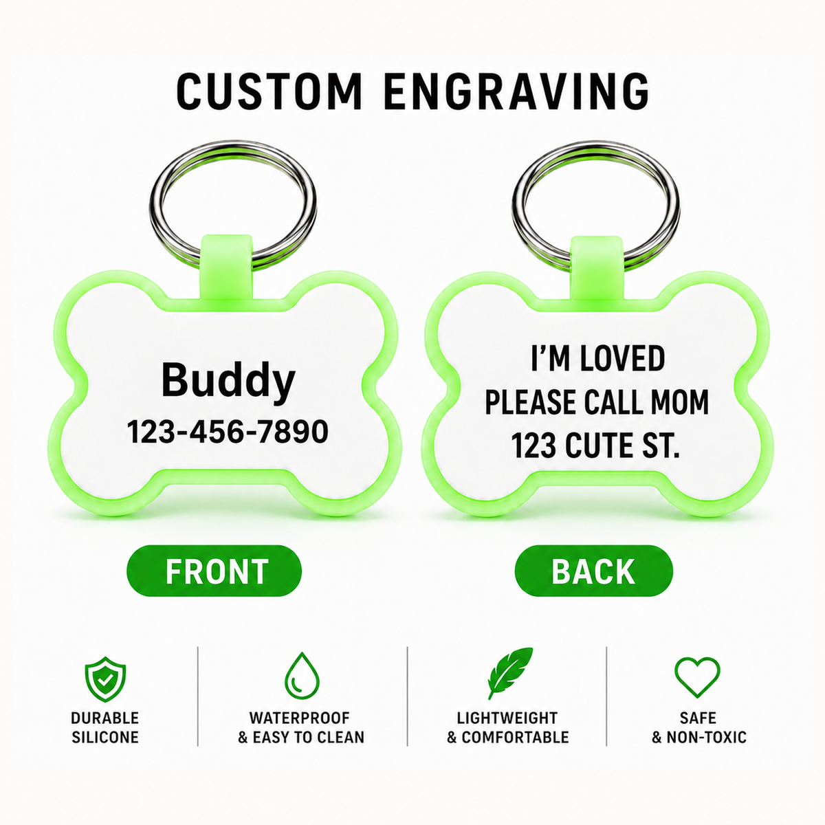 Personalized Silicone Bone Pet ID Tag – Quiet Custom Dog & Cat Name Tag