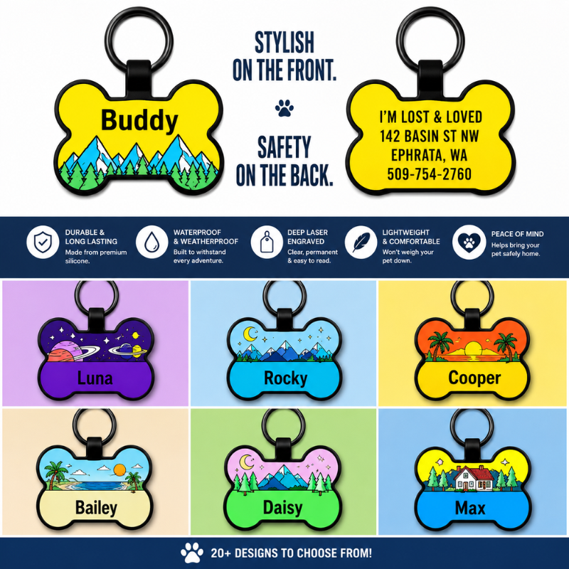Personalized Scenic Silicone Bone Pet ID Tag – Custom Dog & Cat Name Tag with Phone Number