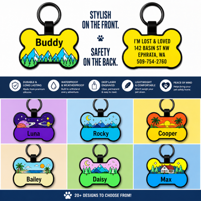 Personalized Scenic Silicone Bone Pet ID Tag – Custom Dog & Cat Name Tag with Phone Number