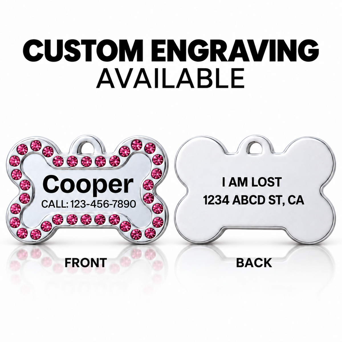 Personalized Rhinestone Bone Pet ID Tag, Custom Engraved Stainless Steel Dog Cat Name Tag