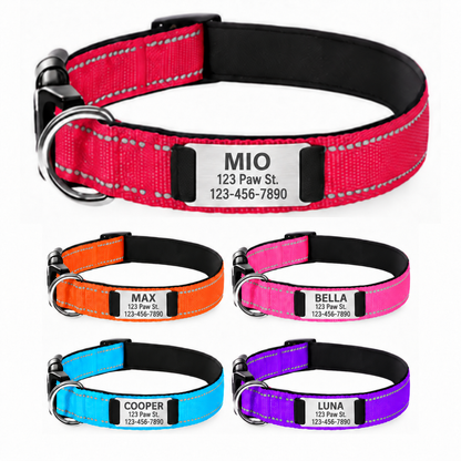 Personalized Reflective Dog Collar with Stainless Steel Nameplate – Custom Engraved Pet ID Collar