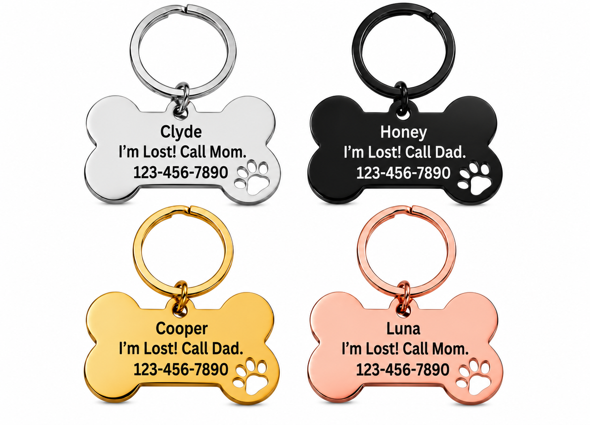 Personalized Stainless Steel Bone Pet ID Tag with Paw Cutout – Custom Engraved Dog & Cat Name Tag