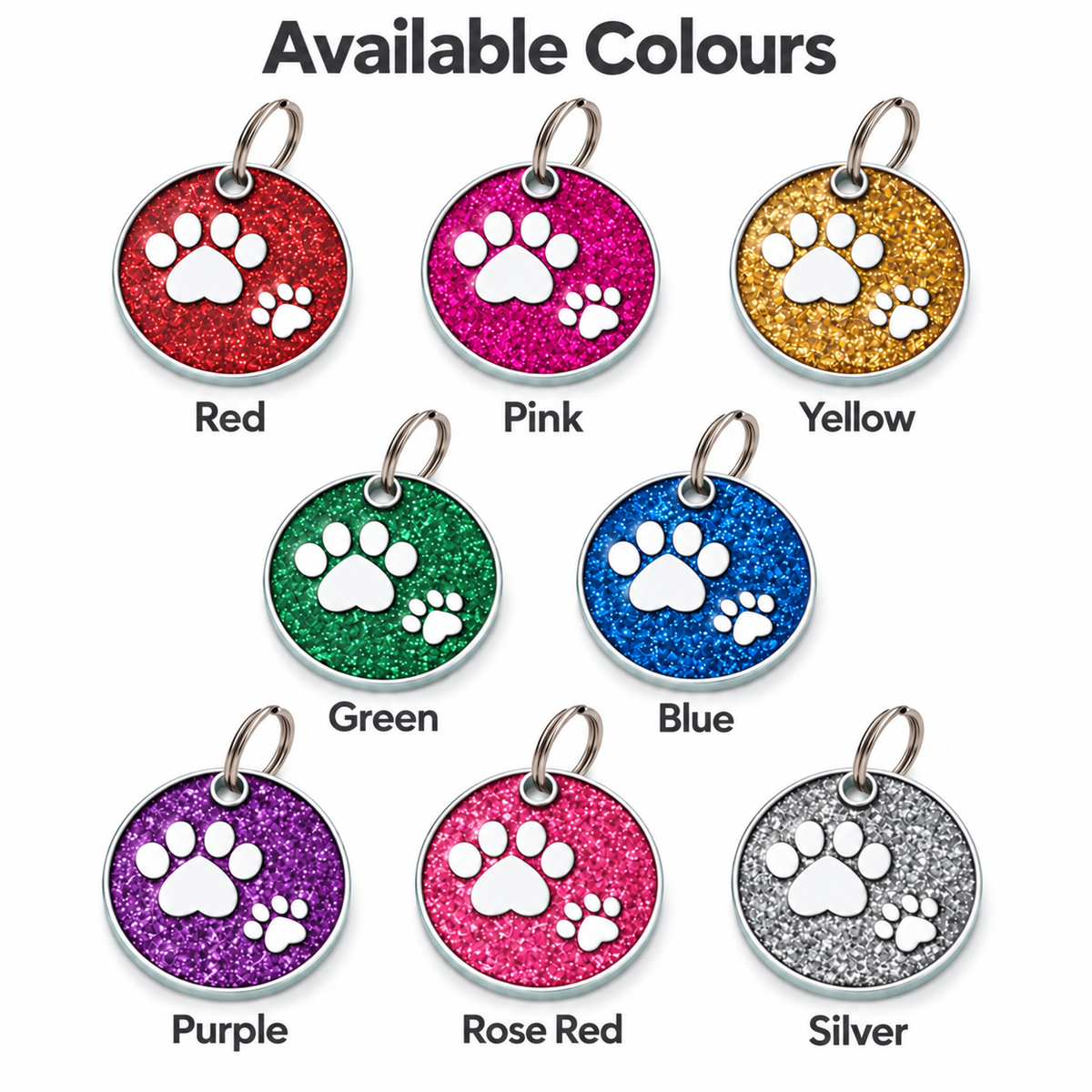 Personalized Glitter Paw Print Pet ID Tag, Custom Engraved Round Stainless Steel Dog and Cat Name Tag with Phone Number