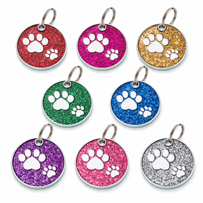 Personalized Glitter Paw Print Pet ID Tag, Custom Engraved Round Stainless Steel Dog and Cat Name Tag with Phone Number