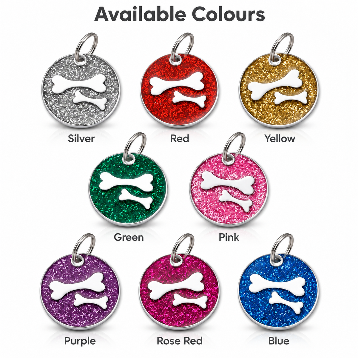 Personalized Glitter Round Pet ID Tag, Custom Engraved Dog and Cat Name Tag with Phone Number, Double Bone Design