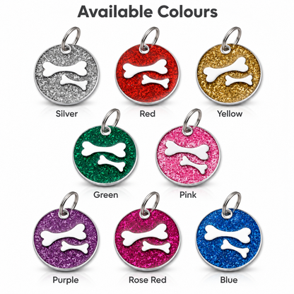 Personalized Glitter Round Pet ID Tag, Custom Engraved Dog and Cat Name Tag with Phone Number, Double Bone Design