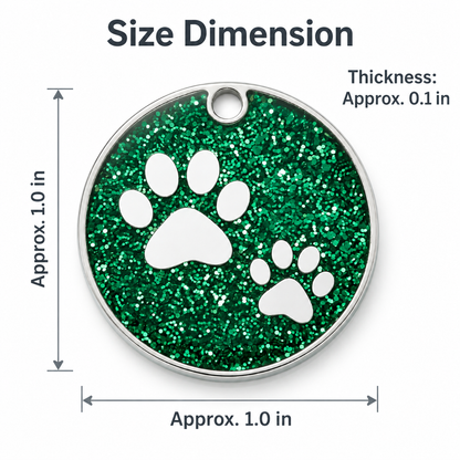 Personalized Glitter Paw Print Pet ID Tag, Custom Engraved Round Stainless Steel Dog and Cat Name Tag with Phone Number