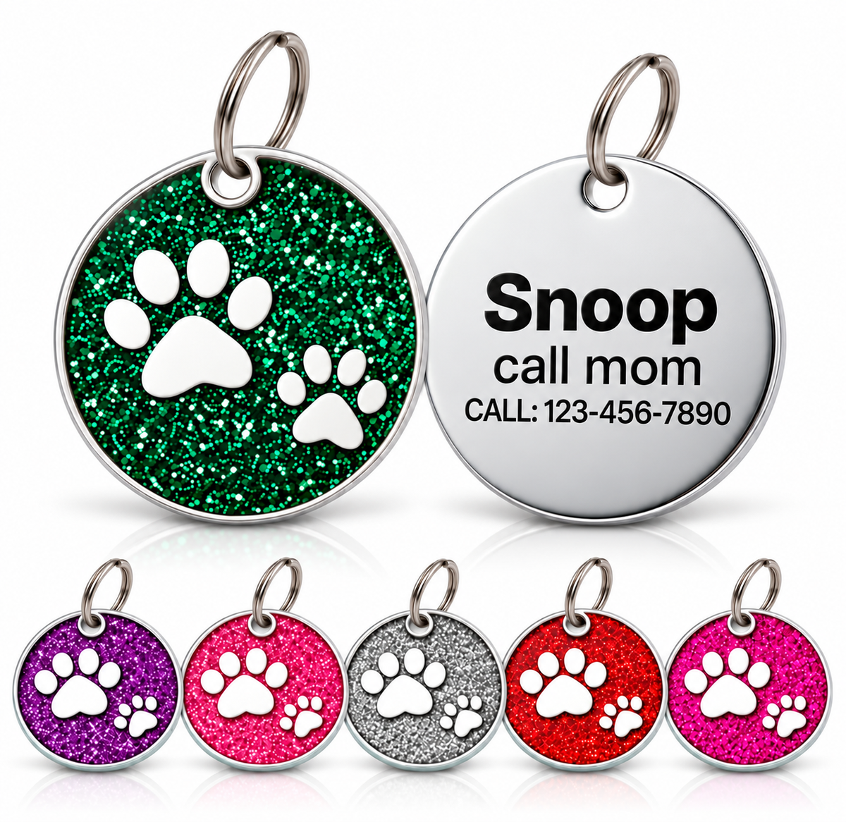 Personalized Glitter Paw Print Pet ID Tag, Custom Engraved Round Stainless Steel Dog and Cat Name Tag with Phone Number