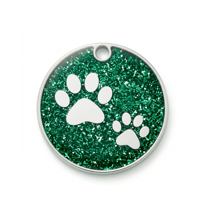 Personalized Glitter Paw Print Pet ID Tag, Custom Engraved Round Stainless Steel Dog and Cat Name Tag with Phone Number
