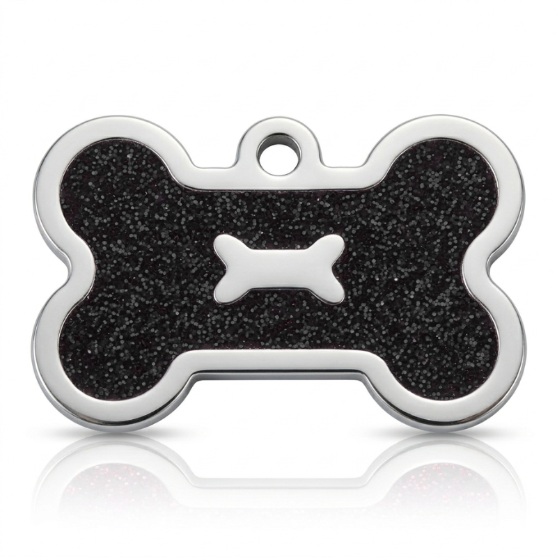 Personalized Glitter Bone Pet ID Tag, Custom Engraved Stainless Steel Dog Cat Name Tag