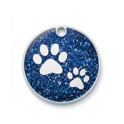 Personalized Glitter Paw Print Pet ID Tag, Custom Engraved Round Stainless Steel Dog and Cat Name Tag with Phone Number