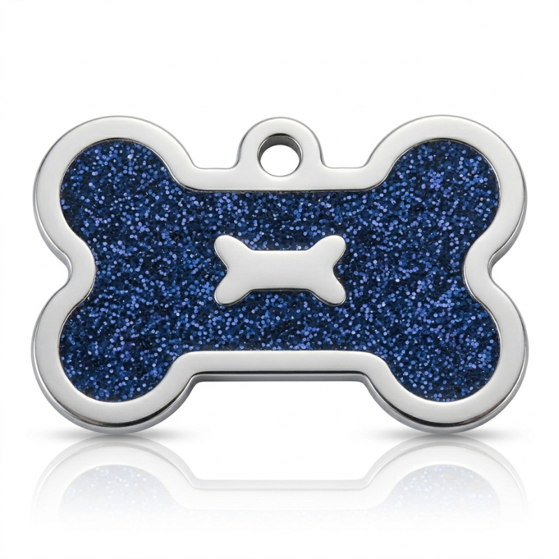 Personalized Glitter Bone Pet ID Tag, Custom Engraved Stainless Steel Dog Cat Name Tag