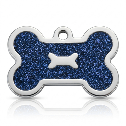 Personalized Glitter Bone Pet ID Tag, Custom Engraved Stainless Steel Dog Cat Name Tag
