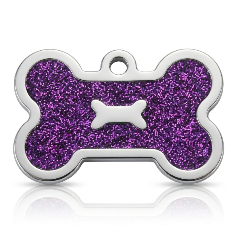 Personalized Glitter Bone Pet ID Tag, Custom Engraved Stainless Steel Dog Cat Name Tag