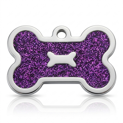 Personalized Glitter Bone Pet ID Tag, Custom Engraved Stainless Steel Dog Cat Name Tag