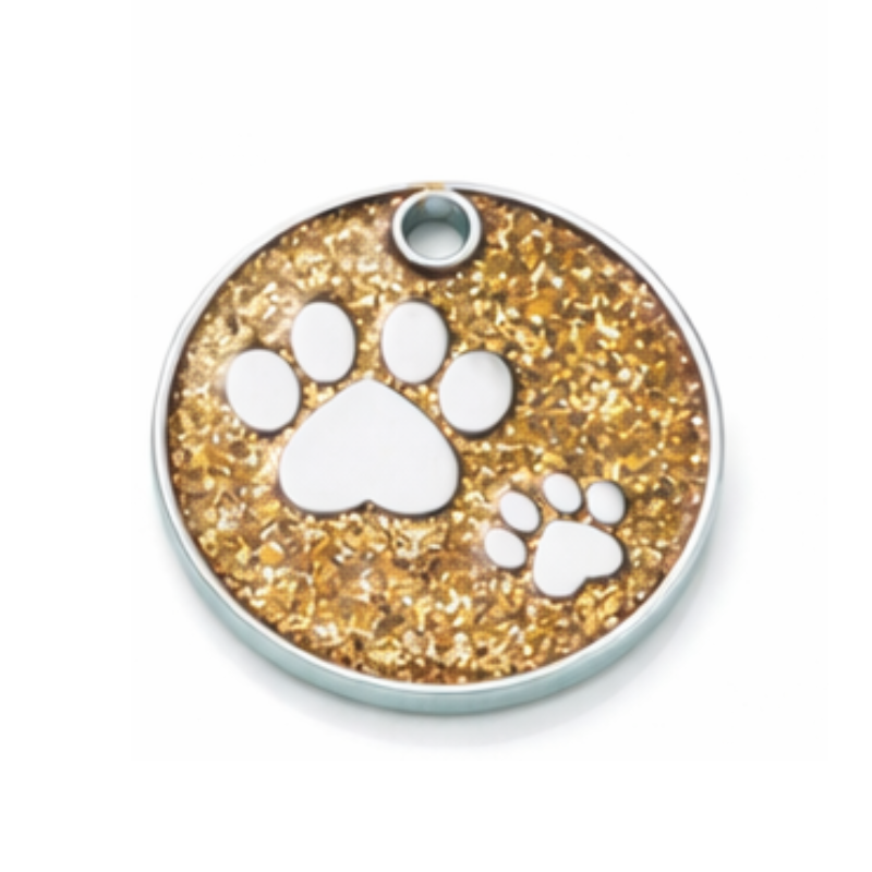 Personalized Glitter Paw Print Pet ID Tag, Custom Engraved Round Stainless Steel Dog and Cat Name Tag with Phone Number
