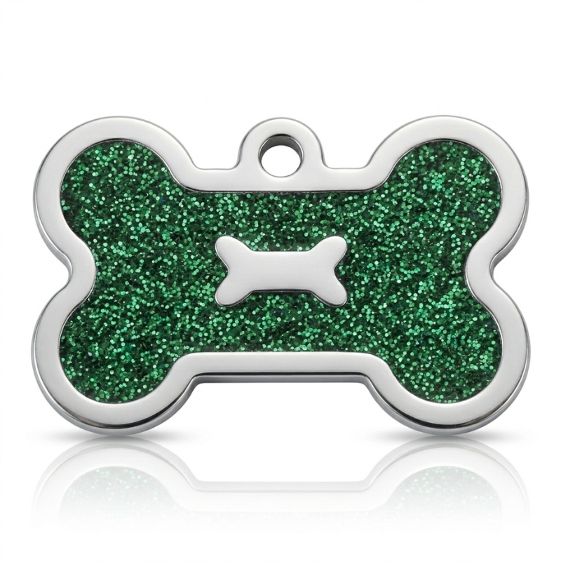 Personalized Glitter Bone Pet ID Tag, Custom Engraved Stainless Steel Dog Cat Name Tag