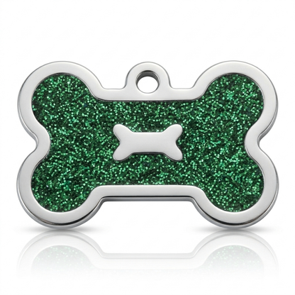 Personalized Glitter Bone Pet ID Tag, Custom Engraved Stainless Steel Dog Cat Name Tag