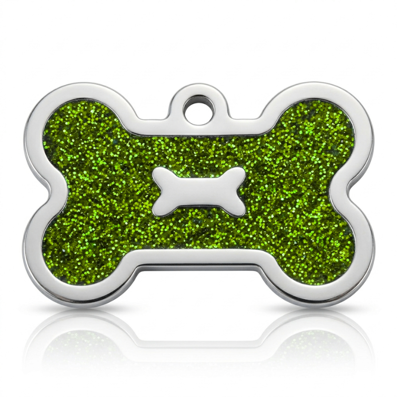 Personalized Glitter Bone Pet ID Tag, Custom Engraved Stainless Steel Dog Cat Name Tag