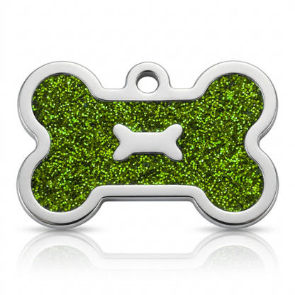 Personalized Glitter Bone Pet ID Tag, Custom Engraved Stainless Steel Dog Cat Name Tag