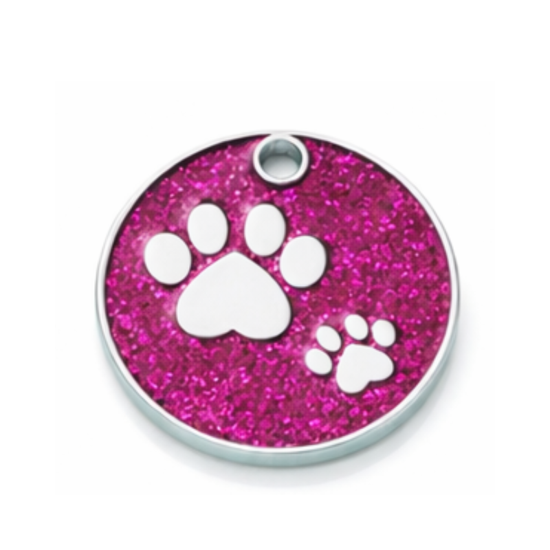 Personalized Glitter Paw Print Pet ID Tag, Custom Engraved Round Stainless Steel Dog and Cat Name Tag with Phone Number