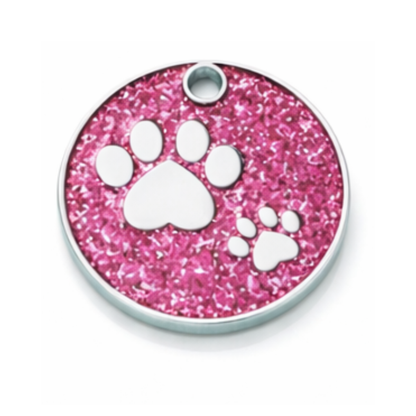 Personalized Glitter Paw Print Pet ID Tag, Custom Engraved Round Stainless Steel Dog and Cat Name Tag with Phone Number