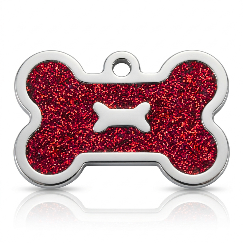 Personalized Glitter Bone Pet ID Tag, Custom Engraved Stainless Steel Dog Cat Name Tag