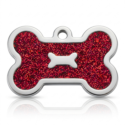 Personalized Glitter Bone Pet ID Tag, Custom Engraved Stainless Steel Dog Cat Name Tag
