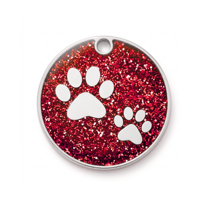 Personalized Glitter Paw Print Pet ID Tag, Custom Engraved Round Stainless Steel Dog and Cat Name Tag with Phone Number