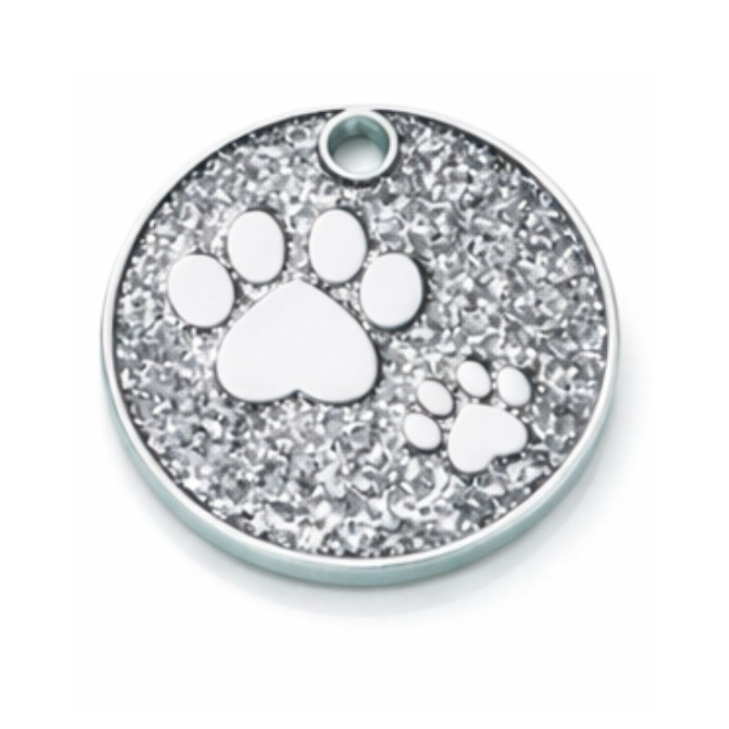 Personalized Glitter Paw Print Pet ID Tag, Custom Engraved Round Stainless Steel Dog and Cat Name Tag with Phone Number
